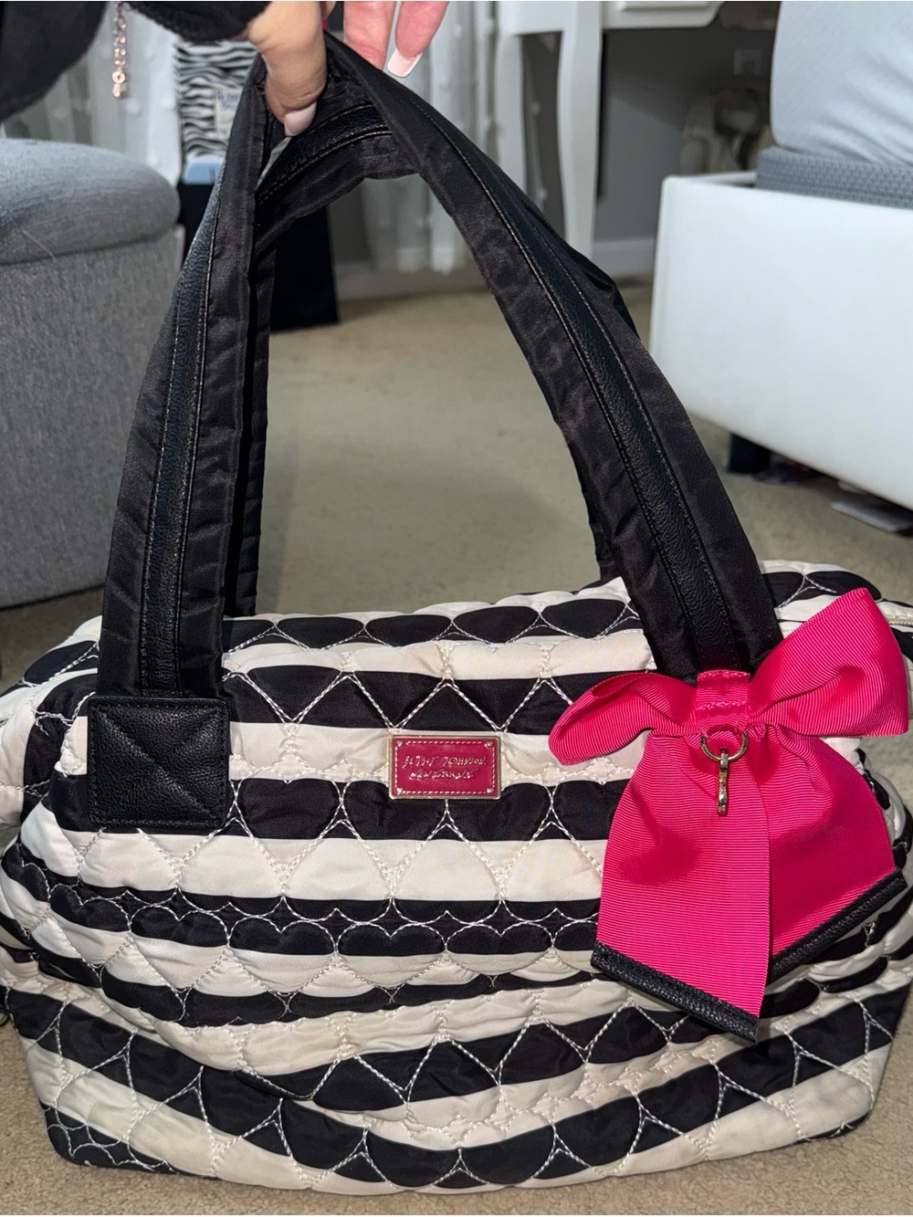 Betsey Johnson Black & White Quilted Shoulder Bag with Hot Pink Bow